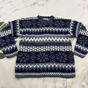 Rose Womens Vintage 80s Nordic Fair Isle Pullover Sweater Sz L Blue White Heart